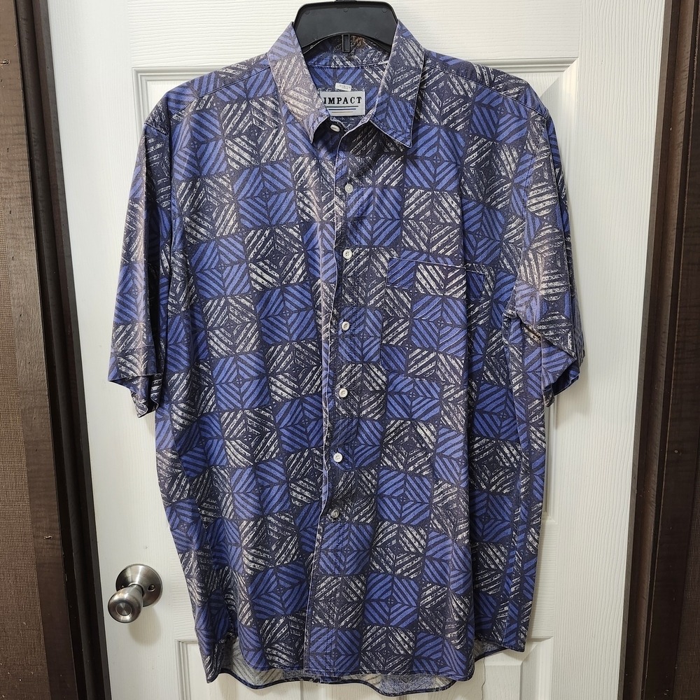 Men's Impact Blue Gray Geometric Abstract Print Short Sleeve Button Down Sz M